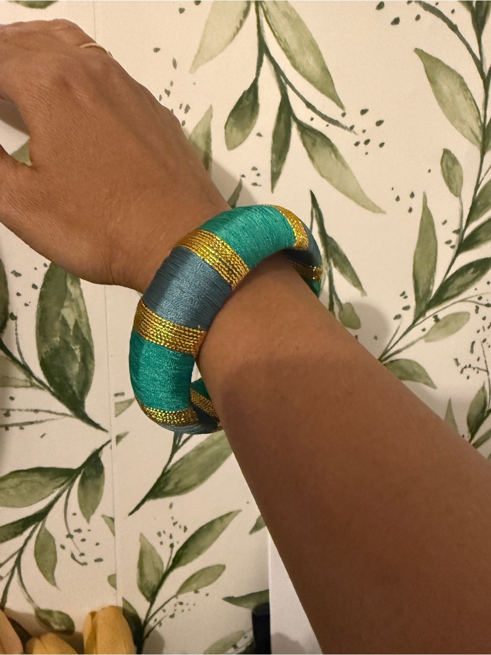 Teal and Blue Wrapped Silk Bangle with Gold Accents - Women Jewelry